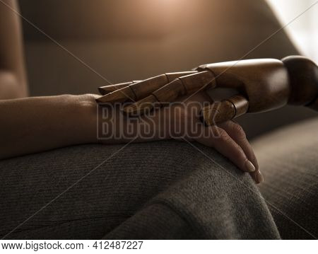 Hands Concept. Robot Hand. Couple. Family Photo. Sensual.