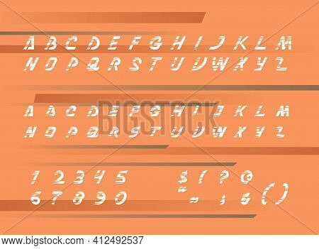 Set Of Sans Serif Alphabet With Numerals, Symbols And Block Letters On Flat Color Background. The Ty