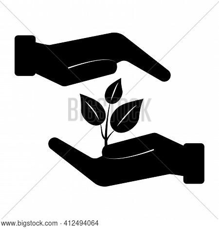 Black Flower Hands Silhouette On White Background. Nature Background Vector. Protection Symbol. Stoc