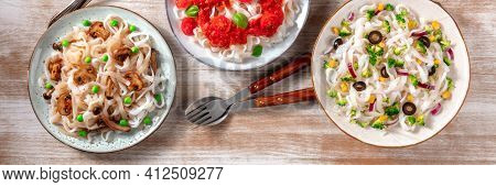 Konjac Pasta Panorama, Shot From The Top On A Rustic Background