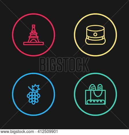 Set Line Grape Fruit, French Baguette Bread, Kepi And Eiffel Tower Icon. Vector