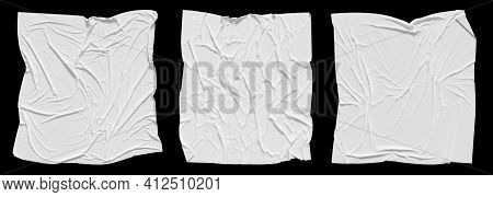White Wrinkled Poster Template Set. Isolated Mockup Of Glued Paper With Folded Corners.