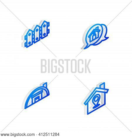 Set Isometric Line Real Estate Message House, Garden Fence Wooden, Warehouse And Location With Icon.