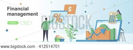 Financial Management Landing Page With People Characters. Financial Analysis And Calculating Banner.