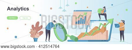 Analytics Landing Page With People Characters. Business Indicators Analysis Banner. Financial Statem