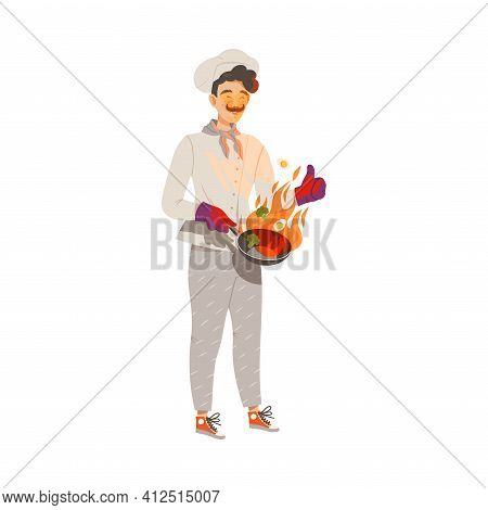 Moustached Man As Super Chef In Toque And Jacket Flambering On Frying Pan Vector Illustration