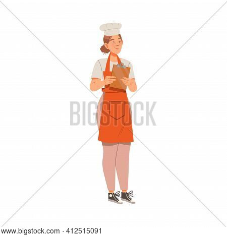 Woman As Super Chef In Toque And Apron Standing With Lipboard Vector Illustration