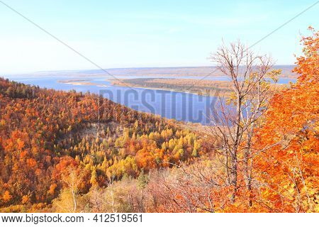 Calm fall season. Beautiful aerial view with Strelnaya mount and Volga river, Samarskaya Luka reserve, Zhiguli mountains, Russia