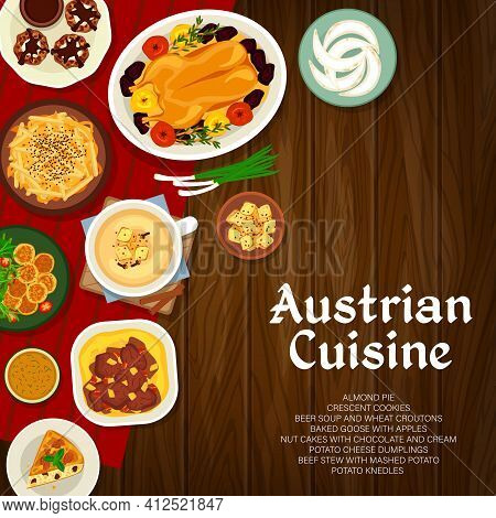 Austrian Cuisine Vector Almond Pie, Baked Goose With Apples And Nut Cakes With Cream. Crescent Cooki