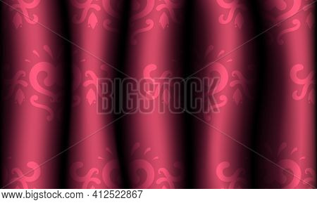 Realistic Red Patterned Fabric Curtains. Pattern On Drapes. Vector Illustration.