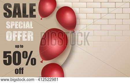 Special Offer Sale Banner With Realistic Red Balloons On Beige Brick Wall Background. Place For Text