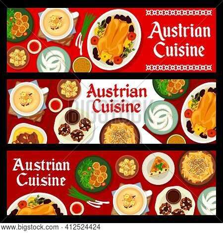 Austrian Cuisine Vector Nut Cakes With Chocolate And Cream, Almond Pie And Baked Goose With Apples. 