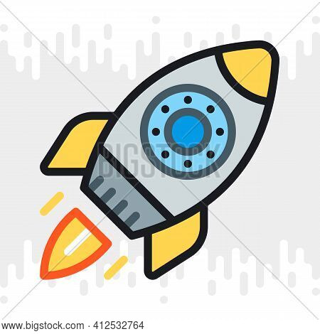 Startup Or Start-up Launch Icon. A Rocket With A Jet Engine Takes Off From The Cosmodrome. Simple Co