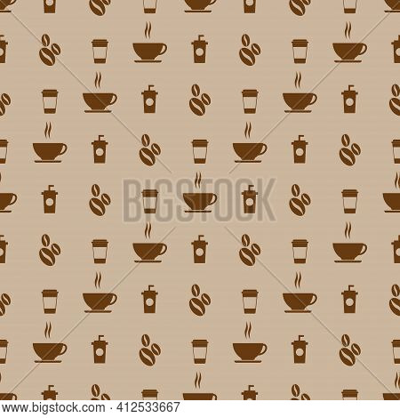 Seamless Pattern Of Coffee Beans And Coffee Cups For The Coffee Shop Background. Decoration Cafe, Pl
