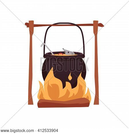 Witch Cauldron Cooking Dead Mouse On Fire Isolated On White Background