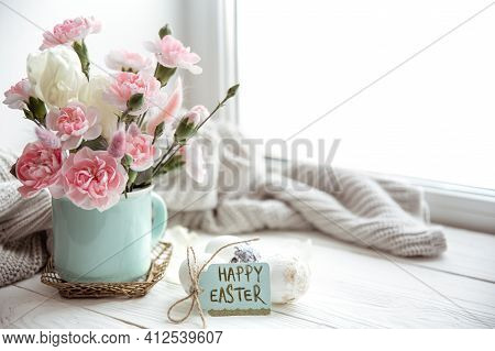 Spring Still Life With Flowers In A Vase, Eggs And The Wish Of Happy Easter On A Postcard.