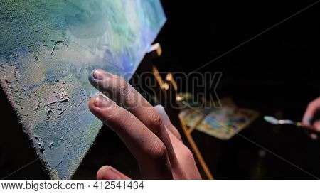 Artist Copyist Paint Seascape With Ship In Ocean. Craftsman Decorator Draw As Boat Sail On Blue Sea 