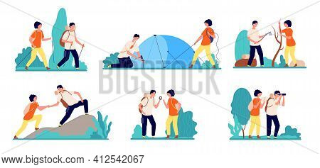 Hiking Characters. People Hike Logging, Travel With Backpacks On Nature. Summer Camp Adventures, Adu
