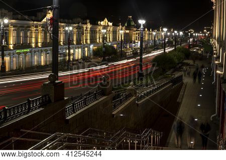 Omsk, Russia - September 13, 2019: People In The Streets Of Omsk With Great Architectural Buildings 
