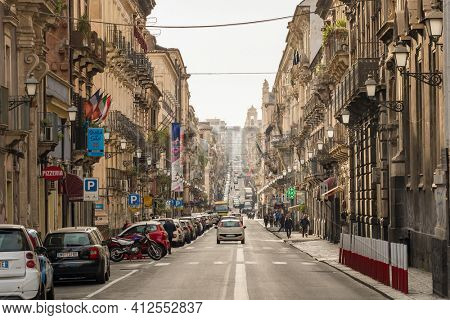 Palermo, Italy - March 3, 2020: Via Maqueda street in old city centre of Palermo, Italy. Toned picture