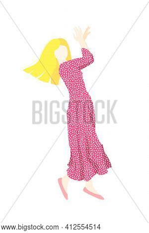 A Woman Is Dancing In A Polka-dot Dress. A Long Pink Dress With Polka Dots. An Abstract Woman. Stock