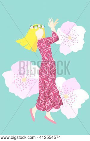 A Woman In A Pink Polka Dot Dress With Flowers. Flower Wreath. Stock Vector Illustration.