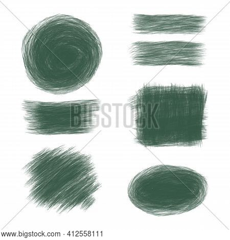 A Set Of Green Dry Brush Strokes And Spots On A White Background. Color Pencil, Crayon Or Chalk - Te