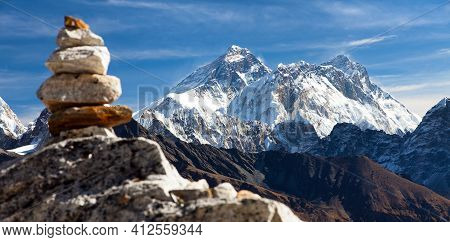 View Of Mount Everest And Lhotse With Stone Man Or Pyramid From Renjo Pass, Gokyo Valley Way To Ever