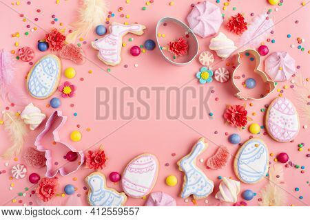 Sugar Sprinkles, Candies, Cookie Cutters, Easter Frosted Cookies In Shape Of Egg Chicken And Rabbit 