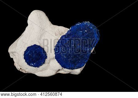Macro Mineral Stone Azurite In Siltstone Against Black Background