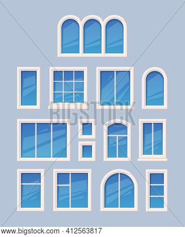 Window Design. Glass Various Types Architectural Outdoor Object Garish Vector Collection
