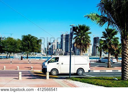 Dubai, United Arab Emirates January 16, 2020: Beautiful Green Lawn Area At Mamzar Park With Blue Sky