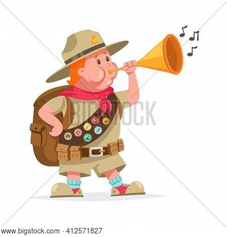 Funny Scout Boy With Badges And Blowing Into The Trumpet. Vector Cartoon Character Isolated On White