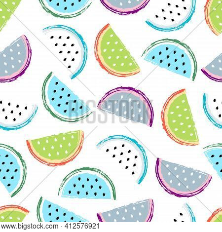 Watermelon Seamless Pattern. Fruit And Berry Seamless Watermelon Background. Juicy Cute Pattern. Vec