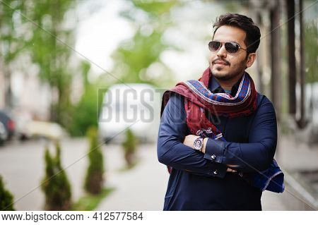 Stylish Pakistani Indian Muslim Arabic Man In Kurta Dhoti Suit And Sunglasses.