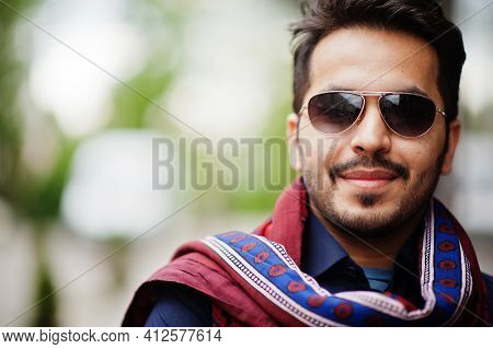 Stylish Pakistani Indian Muslim Arabic Man In Kurta Dhoti Suit And Sunglasses.