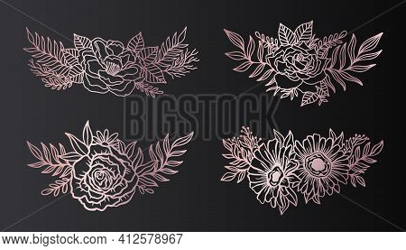 Floral Border Arrangement Elegant.ink Line Style.flower Leaf Botanical Design.