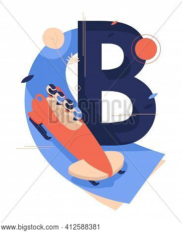 Letter B For Bobsled Or Bobsleigh With Team In Sled Riding Down. Isolated On White Concept Scene.