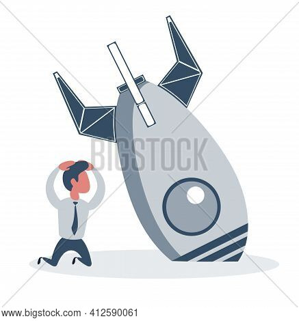 Businessman And Rocket Crashed. Business Failure, The Rocket Fall Down. Cartoon Vector Illustration