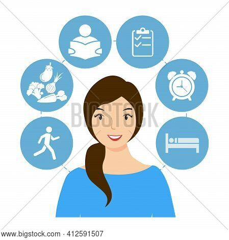 Cope With Stress And Anxiety. A Young, Smiling Woman Who Looks After Her Emotional Health. Flat Vect