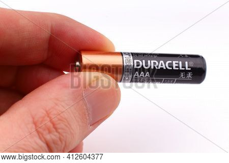 Lviv, Ukraine - March 20, 2020: Aaa Duracell Battery In The Hands