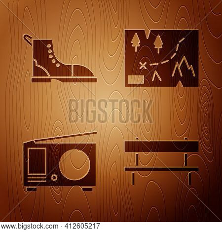 Set Bench, Hiking Boot, Radio With Antenna And Folded Map With Location On Wooden Background. Vector