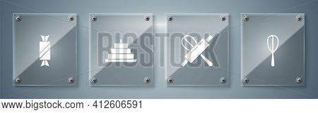 Set Kitchen Whisk, And Rolling Pin, Cake With Burning Candles And Candy. Square Glass Panels. Vector