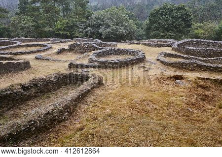 Antique Archaeological Castrum Stone Fort Village Of Borneiro, Coruna. Spain