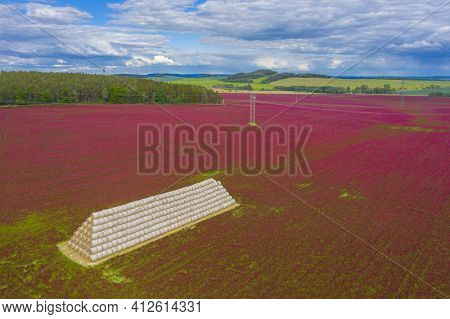 Red blooming crimson clover field (Trifolium incarnatum) and heap of bales seen from above