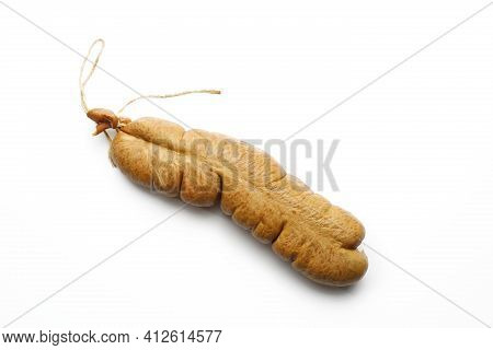 Top View Of A Liver Sausage, Isolated On A White Background. Traditional Meat Product Made Of Offal,