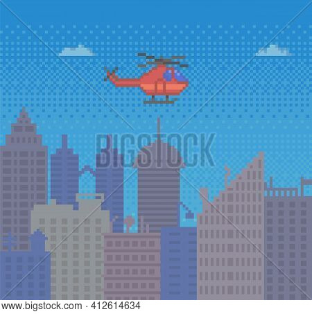 Red Pixel Helicopter In Blue Sky Over Buildings. High Speed Vehicle In Pixel-game On City Background