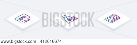 Set Isometric Line Ipo, Coin Money With Euro Symbol And Stacks Paper Cash. White Square Button. Vect