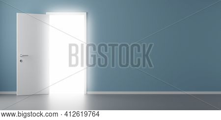 Open Door With Glowing Light From Bhind In Room With Wooden Floor And Blue Wall, Paradise, Exit Or V