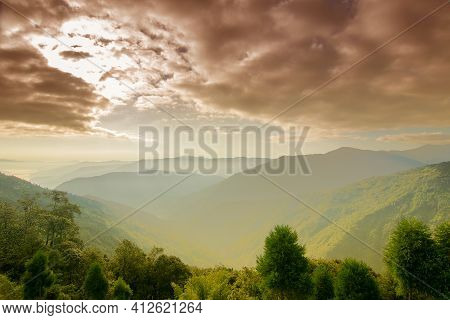 Beautiful Scenic View Of Rinchenpong, Sikkim. Cloudy Sky Above Himalayan Mountains.
